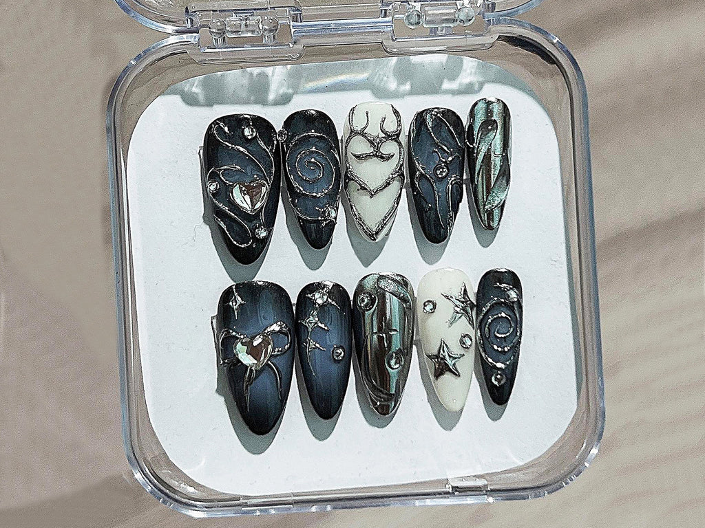 Stunning Acubi-Style Nails, Deep Blue Ombre Press On Nails, Sparkling Gemstones, Almond