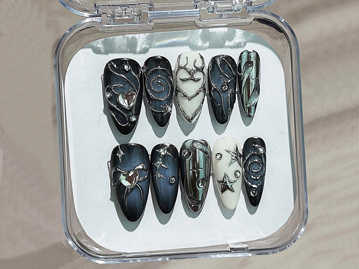 Stunning Acubi-Style Nails, Deep Blue Ombre Press On Nails, Sparkling Gemstones, Almond