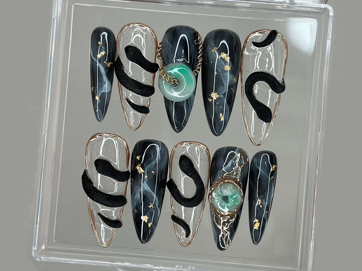 Stunning Press On Nails Almond, Nail Set With Jade Elegance, 3D Black Serpent Design
