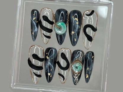 Stunning Press On Nails Almond, Nail Set With Jade Elegance, 3D Black Serpent Design