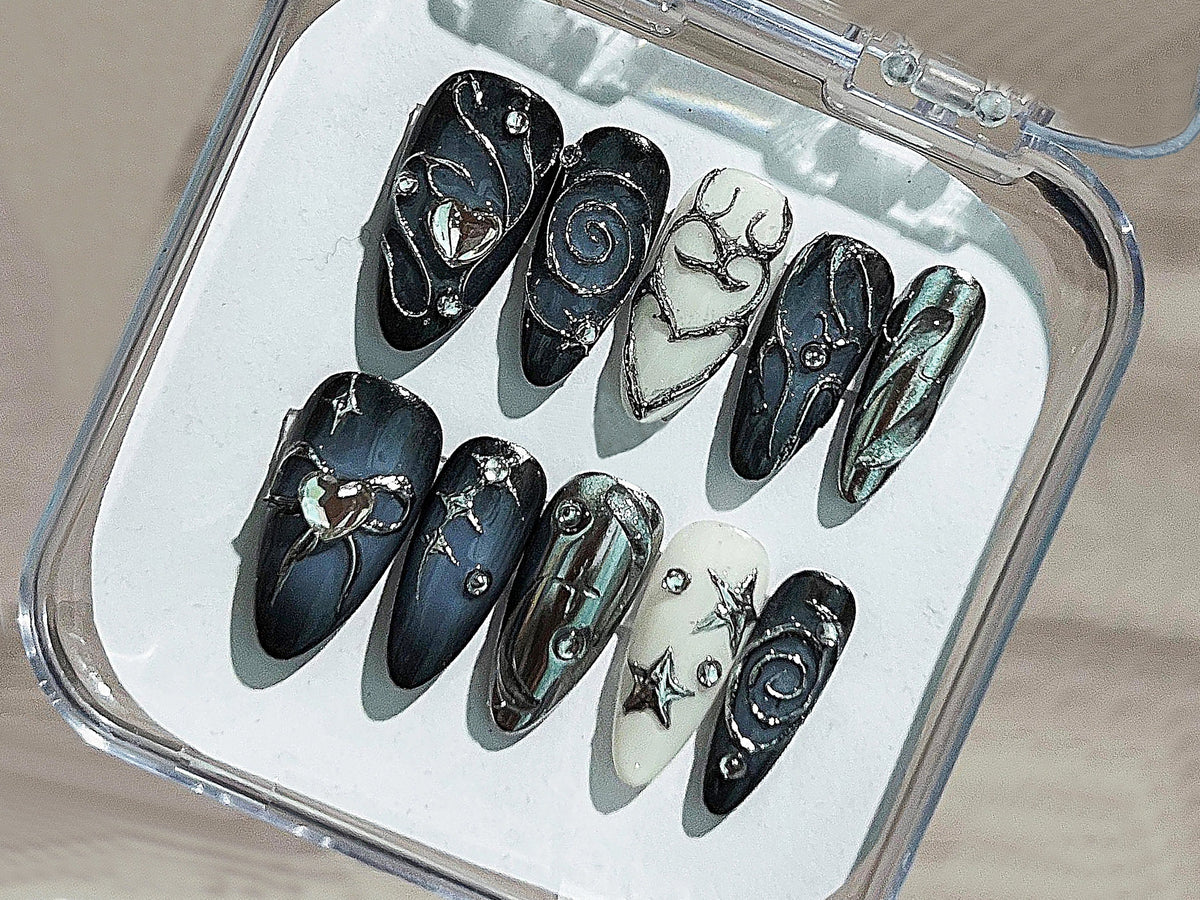 Stunning Acubi-Style Nails, Deep Blue Ombre Press On Nails, Sparkling Gemstones, Almond