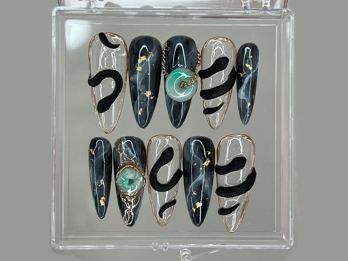 Stunning Press On Nails Almond, Nail Set With Jade Elegance, 3D Black Serpent Design