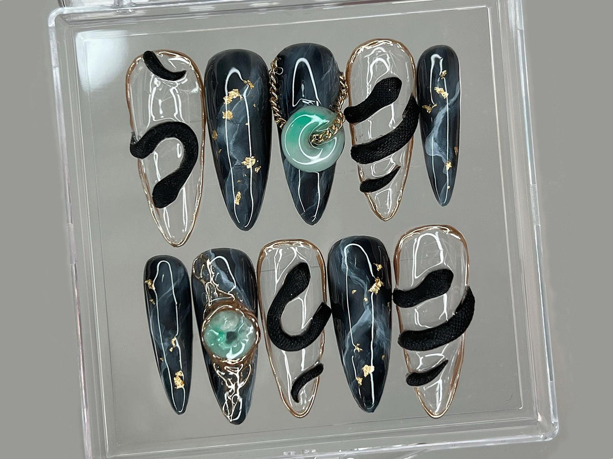 Stunning Press On Nails Almond, Nail Set With Jade Elegance, 3D Black Serpent Design