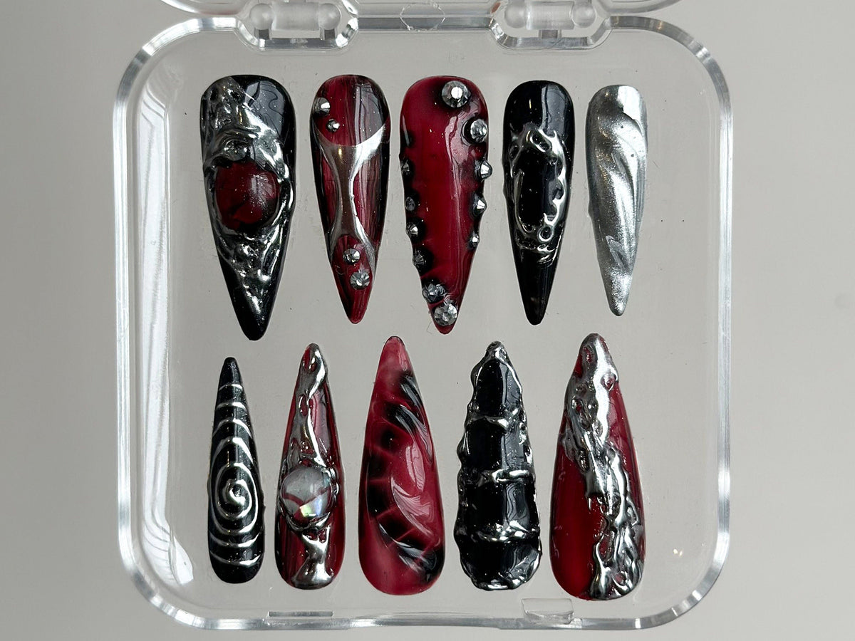 Gothic Chrome Press On Nails, Deep Red & Black 3D Design, Metallic Silver Accents, Spiky