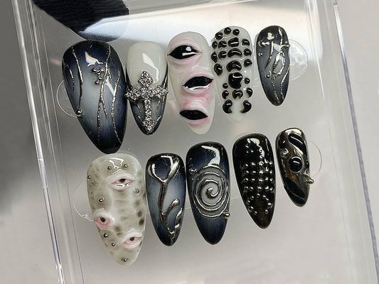 Cool Gothic-inspired Press On Nails, Goth Dark Blue Almond Nails, 3D Gel Nail with Eye