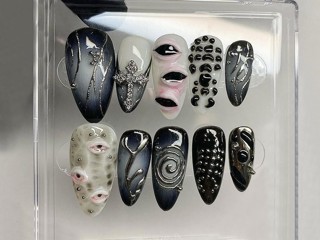 Cool Gothic-inspired Press On Nails, Goth Dark Blue Almond Nails, 3D Gel Nail with Eye
