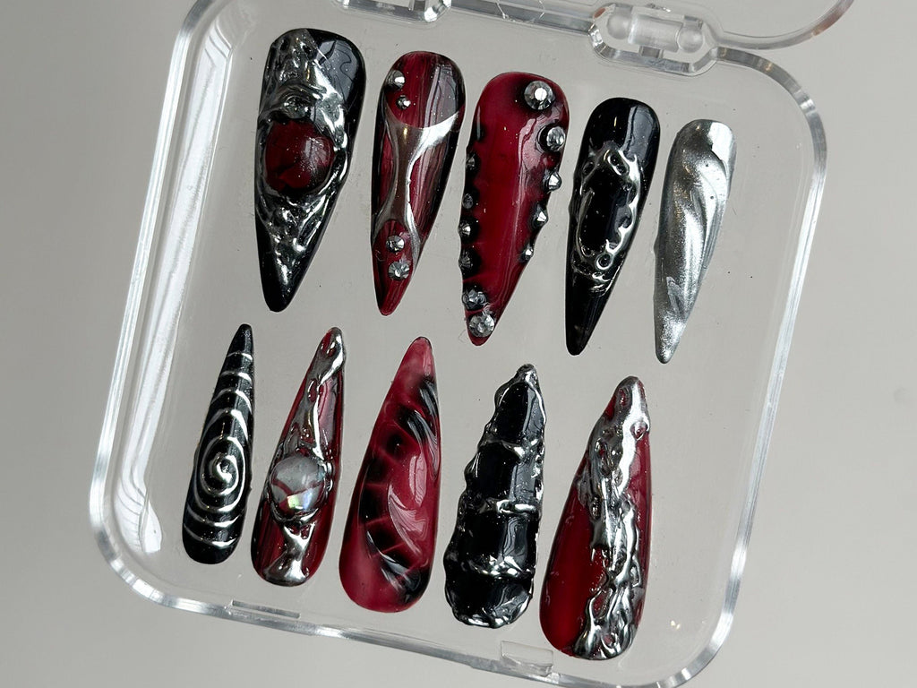Hand-Painted Free-Style Press On Nails, Silver Metallic Crystal Long Stiletto, Custom