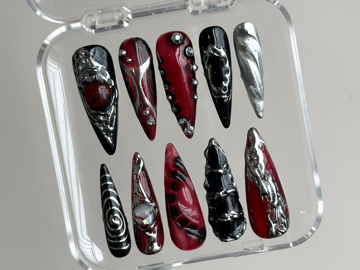 Gothic Chrome Press On Nails, Deep Red & Black 3D Design, Metallic Silver Accents, Spiky