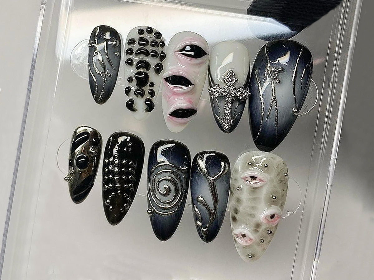 Cool Gothic-inspired Press On Nails, Goth Dark Blue Almond Nails, 3D Gel Nail with Eye