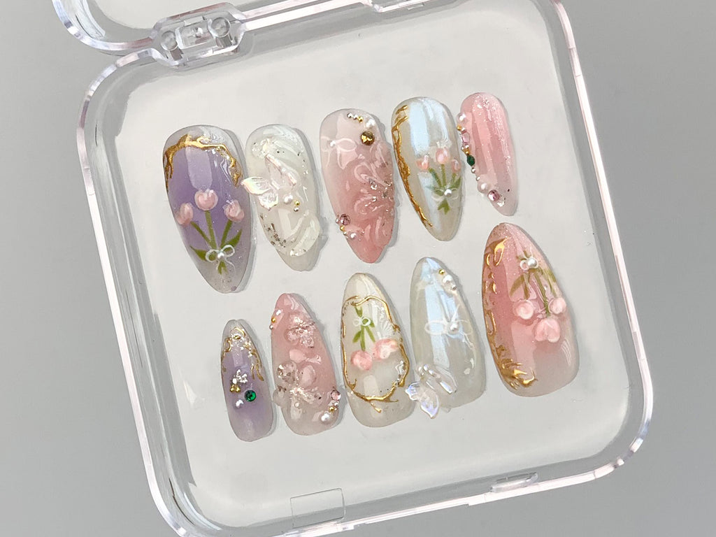Dreamy Press On Nails Almond, Jelly Pastel Tulip Nail Art, 3D FairyCore Flower Press