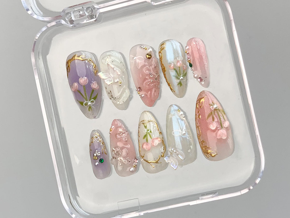 Dreamy Press On Nails Almond, Jelly Pastel Tulip Nail Art, 3D FairyCore Flower Press