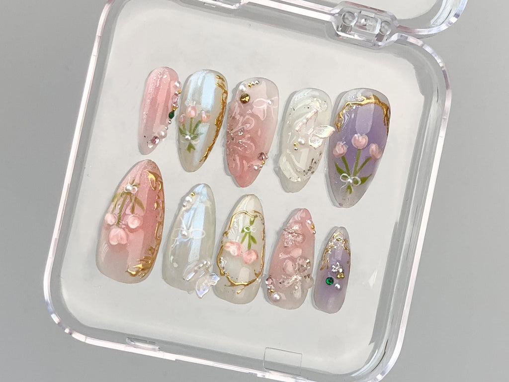 Dreamy Press On Nails Almond, Jelly Pastel Tulip Nail Art, 3D FairyCore Flower Press