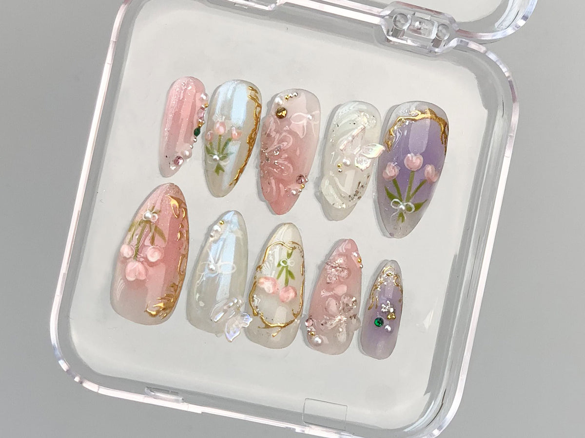 Dreamy Press On Nails Almond, Jelly Pastel Tulip Nail Art, 3D FairyCore Flower Press