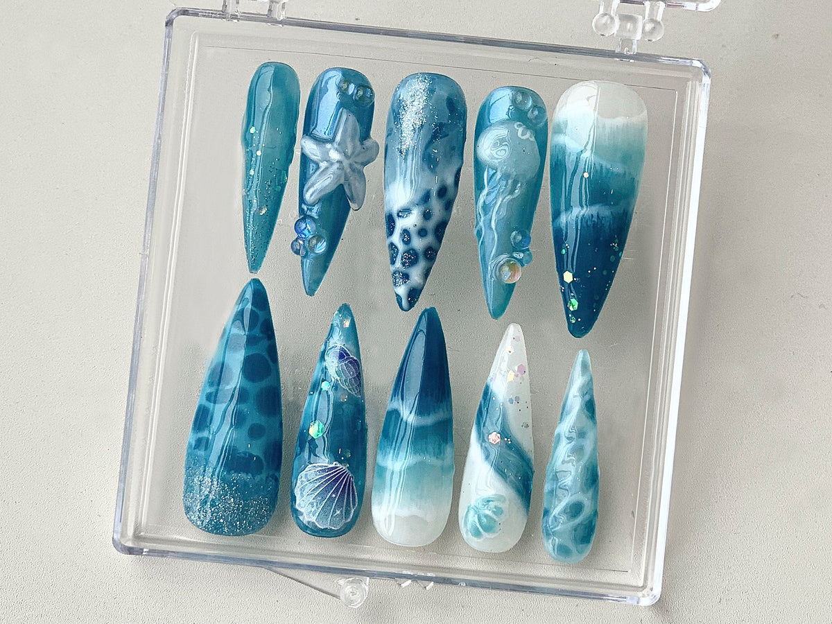 Ocean-inspired Press On Nails, Ocean nailss and Starfish Design On Fake Nails, ocean