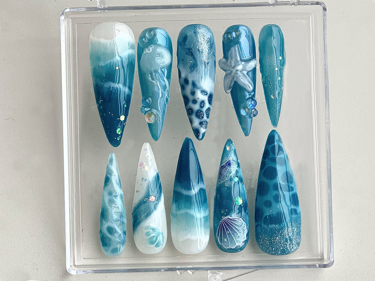 Ocean-inspired Press On Nails, Ocean nailss and Starfish Design On Fake Nails, ocean