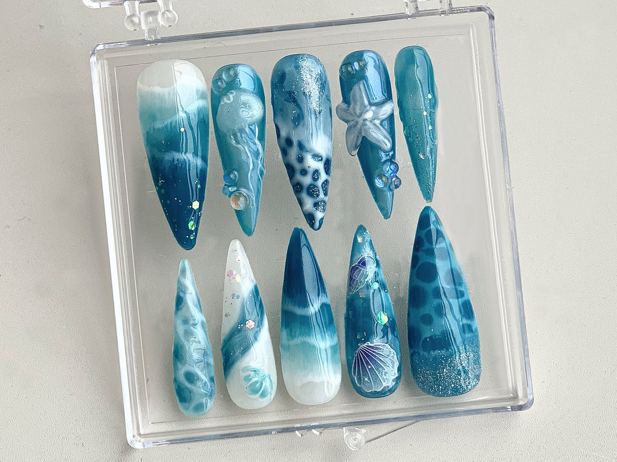 Ocean-inspired Press On Nails, Ocean nailss and Starfish Design On Fake Nails, ocean