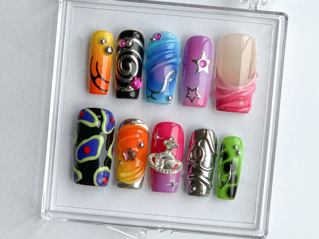 Vibrant Handcrafted Press On Nails, Colorful, Artistic Fake Nails, Globe charms on Acrylic