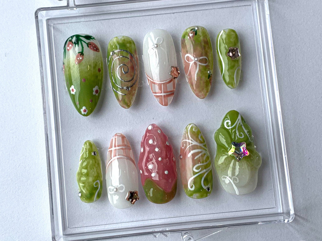 Spring Garden Press On Nails, Floral and Greenery Nail Art, Nail Set With Strawberry