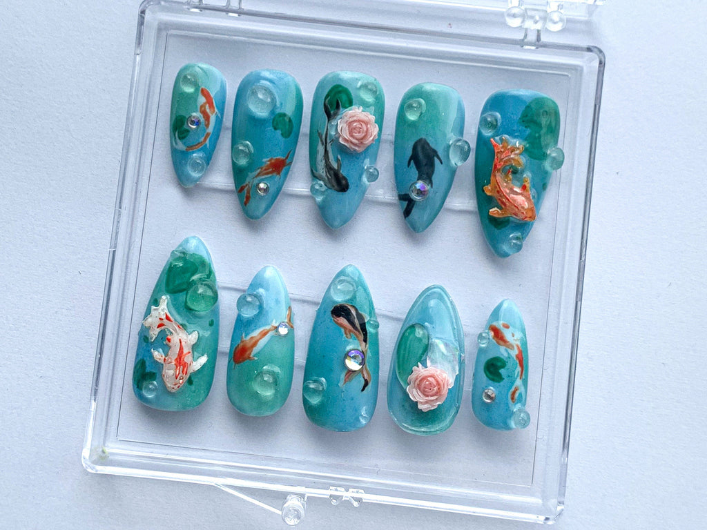 Ocean-Inspired Press On Nails, Hand Painted Koi Fish Nail Art, Blue with Underwater