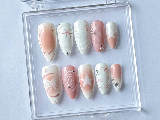 Pearly Pink Press On Nails, Cute bow on Fake Nails, Y2K Inspired 3D Gel Nail, Handmade