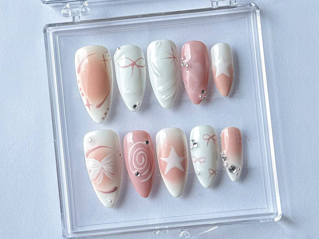 Pearly Pink Y2K Press On Nails Cute 3D Bow Gel Nails Handmade Gift for Her  OB21L