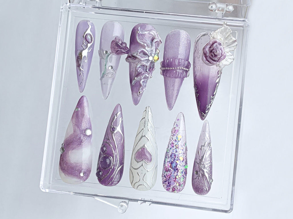 Free-Style Almond Press On Nails, Rosy Purple Press Ons, heart patterns nail art, Floral