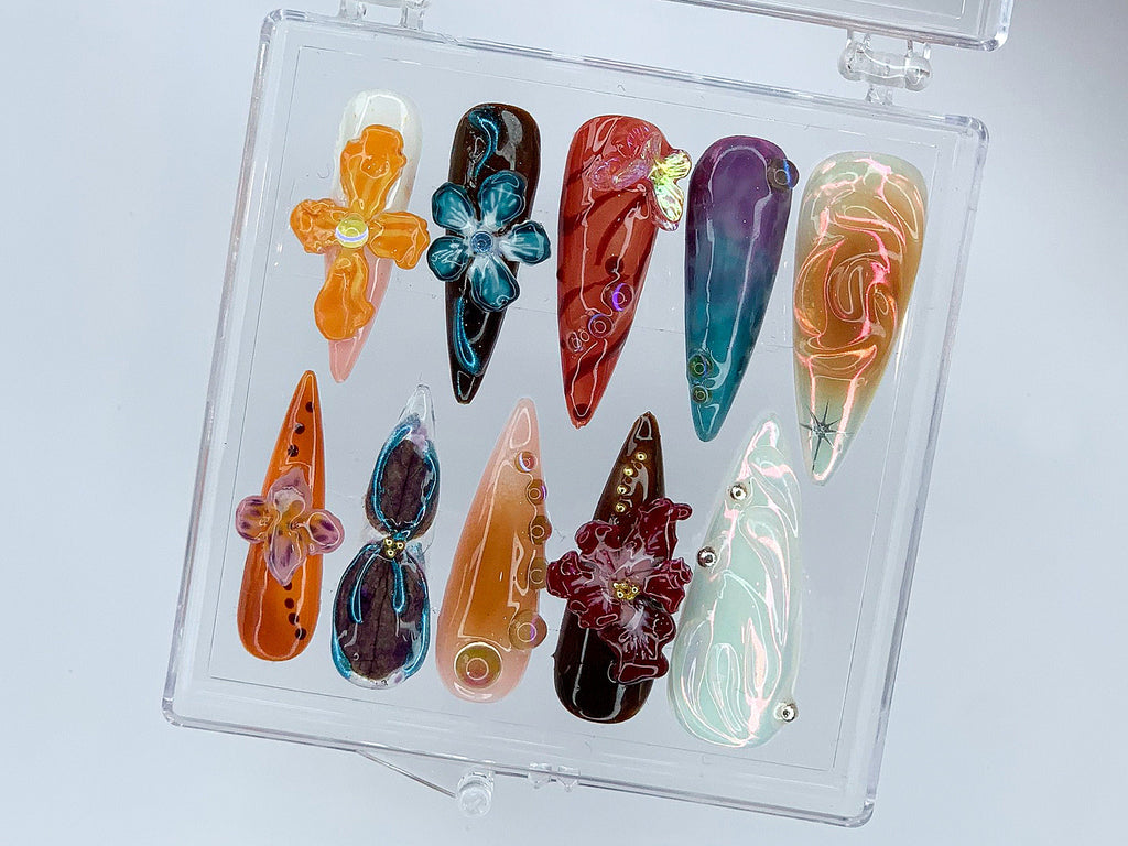 Custom Flower Fairycore Nails, Press On Nails Almond, Dreamy 3D Orchad Floral Press-Ons