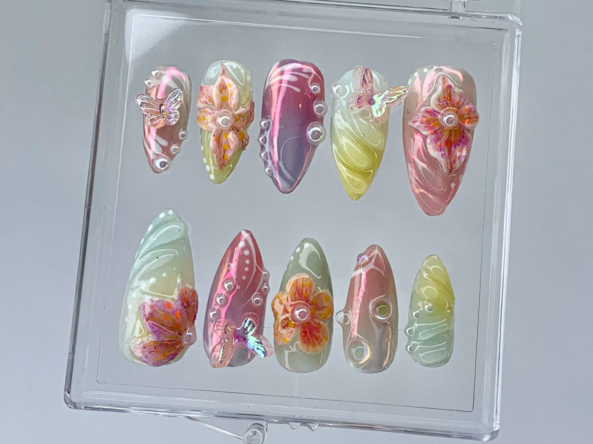 Secret Garden Long Almond Press On Nails, Stunning 3D Floral On Fake Nails, Custom 3D