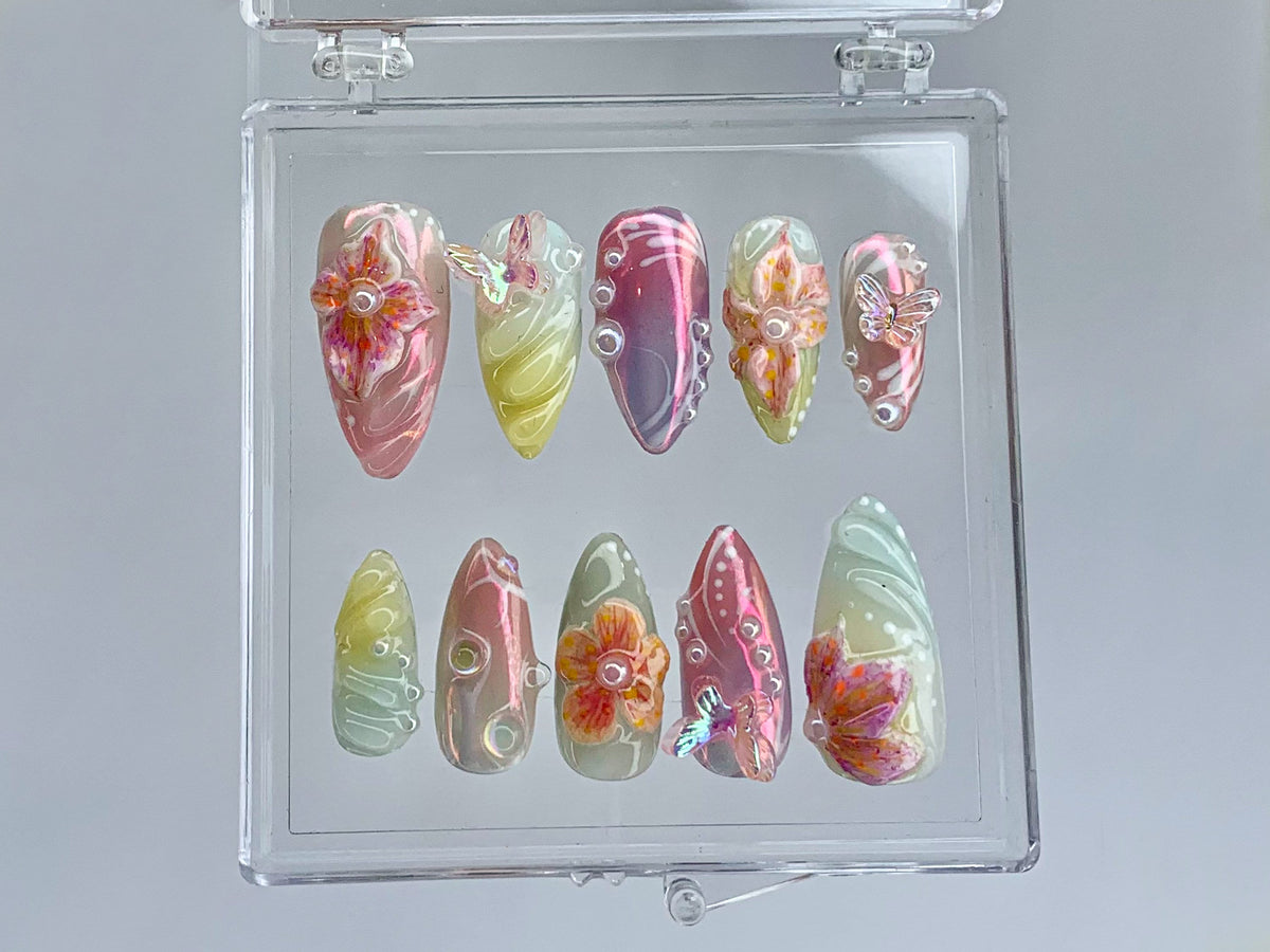 Secret Garden Long Almond Press On Nails, Stunning 3D Floral On Fake Nails, Custom 3D