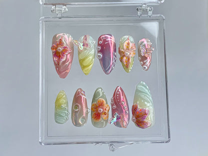 Secret Garden Long Almond Press On Nails, Stunning 3D Floral On Fake Nails, Custom 3D