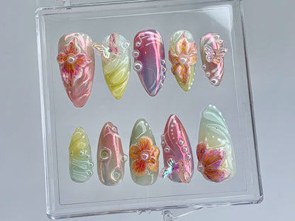 Secret Garden Long Almond Press On Nails, Stunning 3D Floral On Fake Nails, Custom 3D