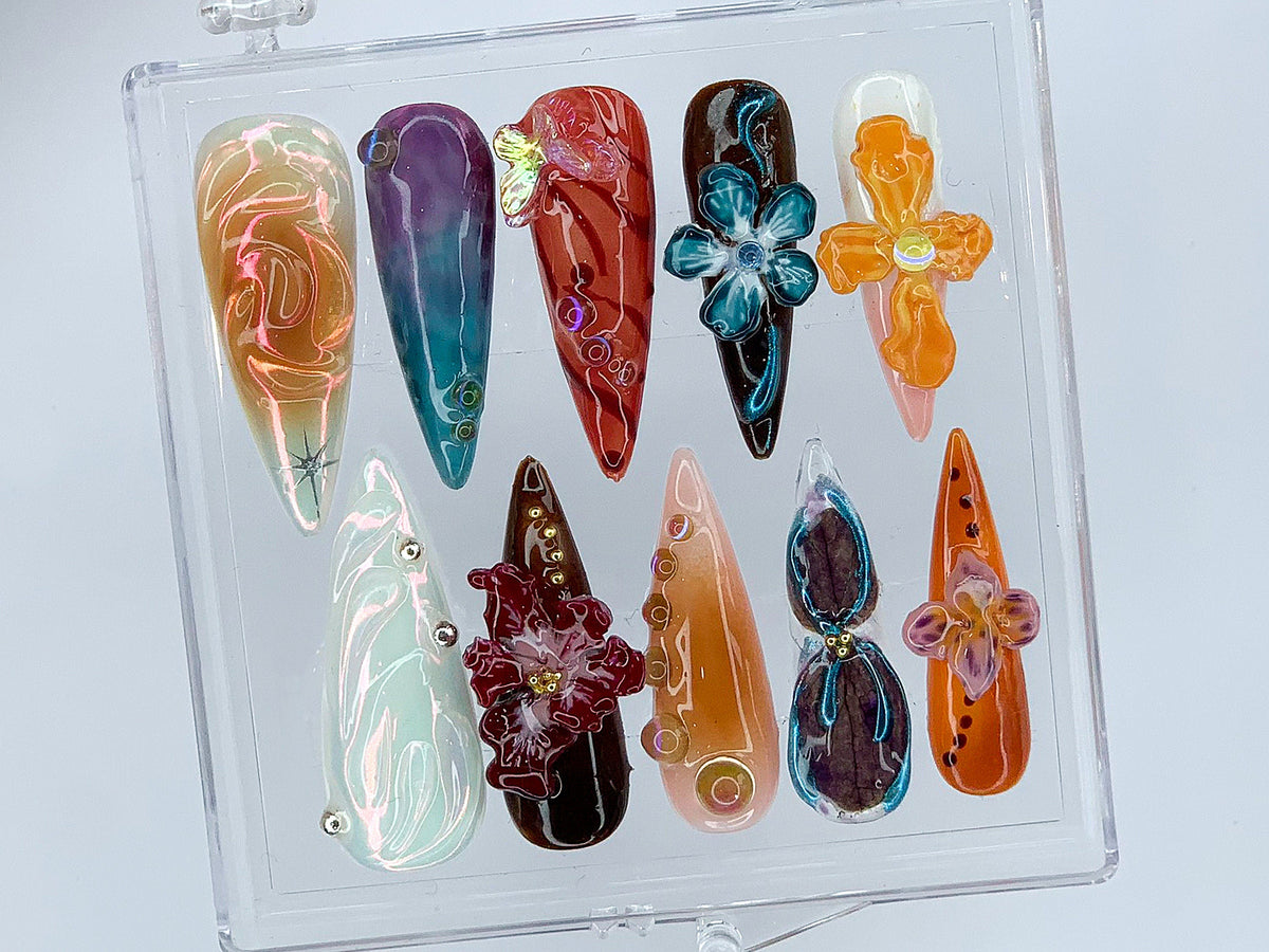 Custom Flower Fairycore Nails, Press On Nails Almond, Dreamy 3D Orchad Floral Press-Ons