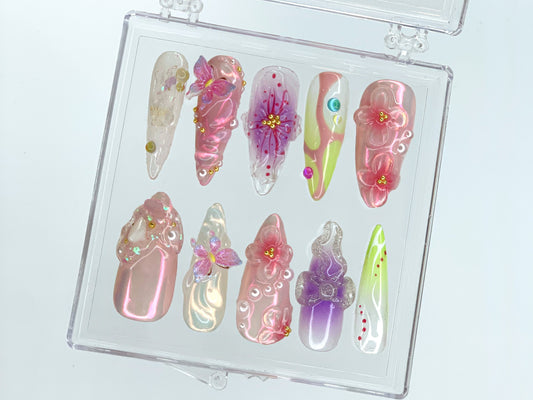 Dreamy Garden Press On Nails Almond, Butterfly Charms, 3D FairyCore Flower Press Ons