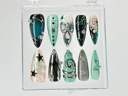 Galaxy Star Press On Nails, Customizable Acrylic Nails with Rhinestones, Cosmic Nail