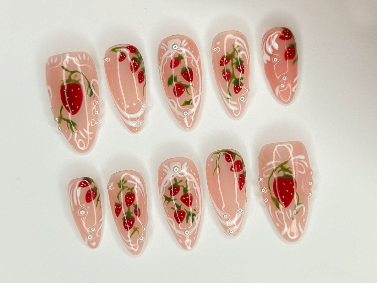 Pink Strawberry Garden Nails, Stand Out with 3D Gel Nail Set, Floral and Strawberry