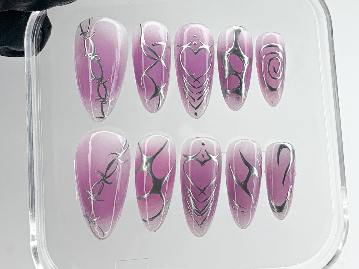 Enchanting Ombre Purple Press On Nails, Detailed Silver Feather Nail Art, Luxurious