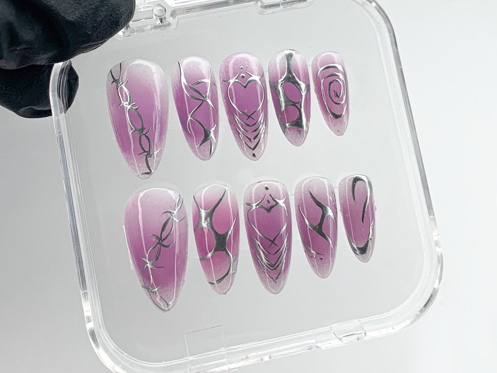 Enchanting Ombre Purple Press On Nails, Detailed Silver Feather Nail Art, Luxurious