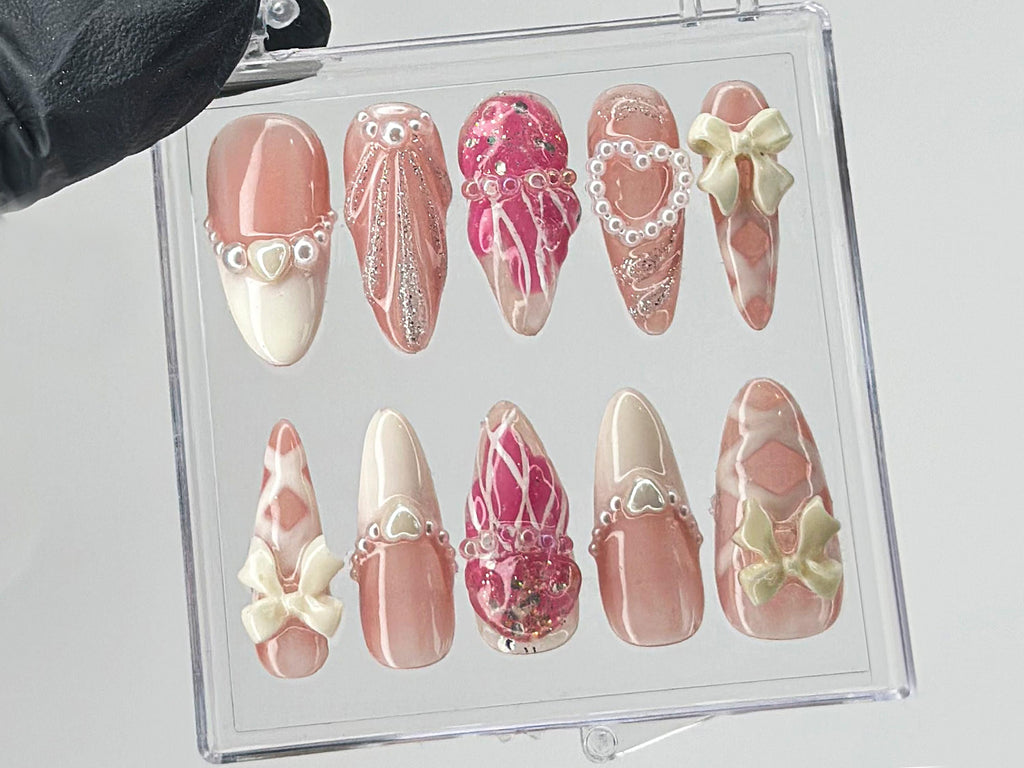 Romantic Bows Press On Nails, Custom Pearl and Glitter Patterns On Fake Nails, French