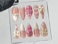 Romantic Bows Press On Nails, Custom Pearl and Glitter Patterns On Fake Nails, French