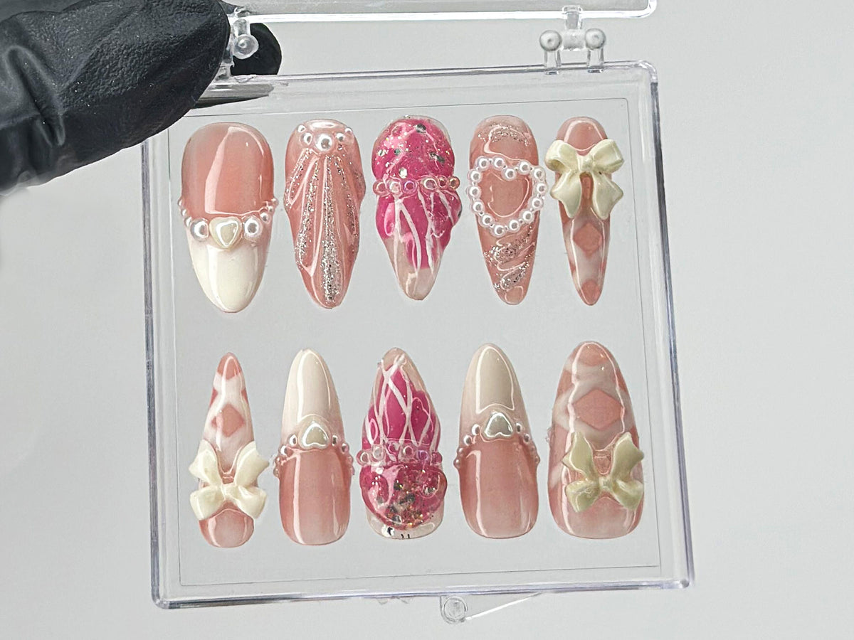 Romantic Bows Press On Nails, Custom Pearl and Glitter Patterns On Fake Nails, French