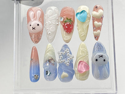 Cartoon Miffy Press On Nails, Heartbeat Nails Press On, Pink 3D Nail Art, Strawberry