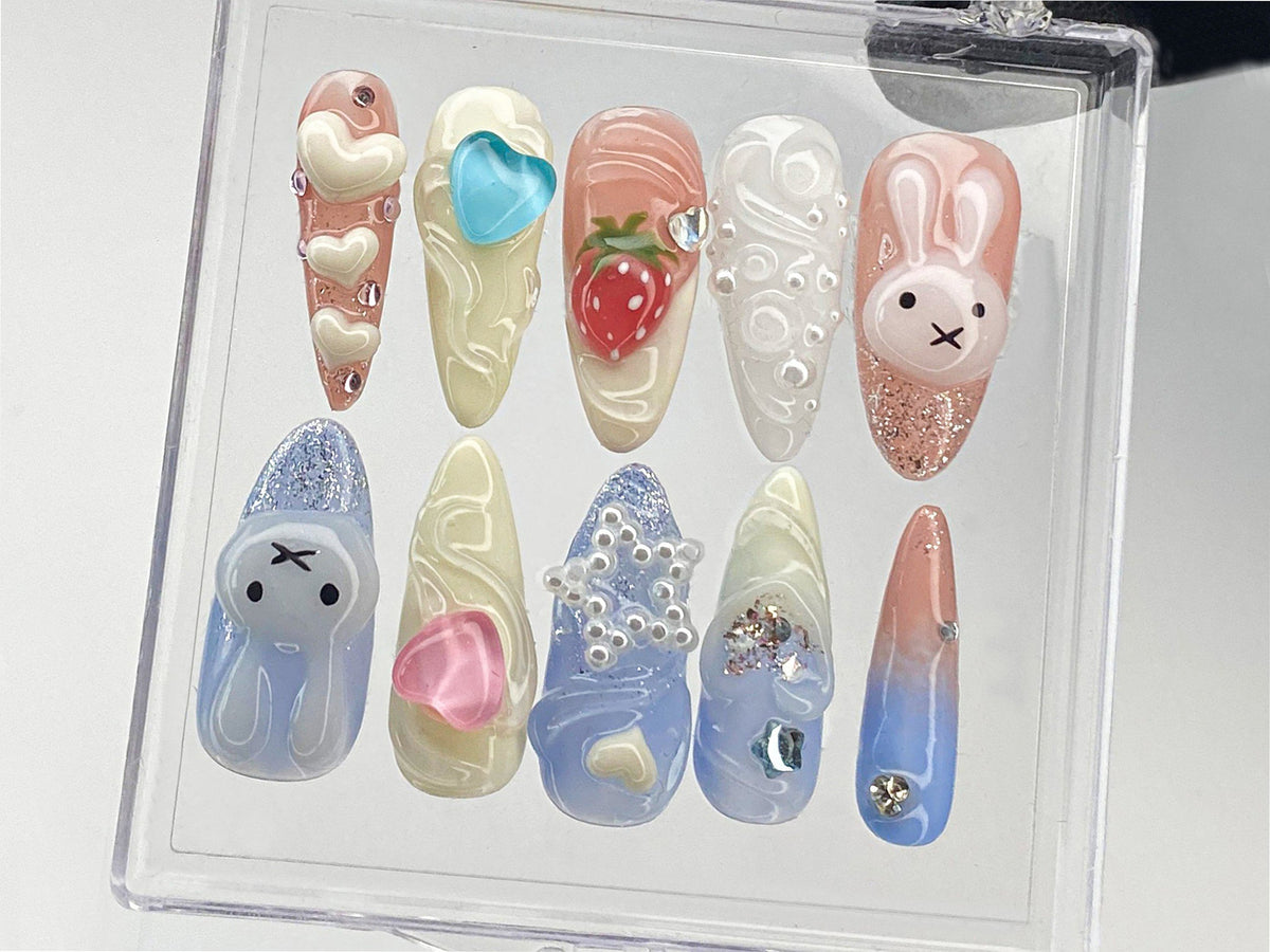 Cartoon Miffy Press On Nails, Heartbeat Nails Press On, Pink 3D Nail Art, Strawberry