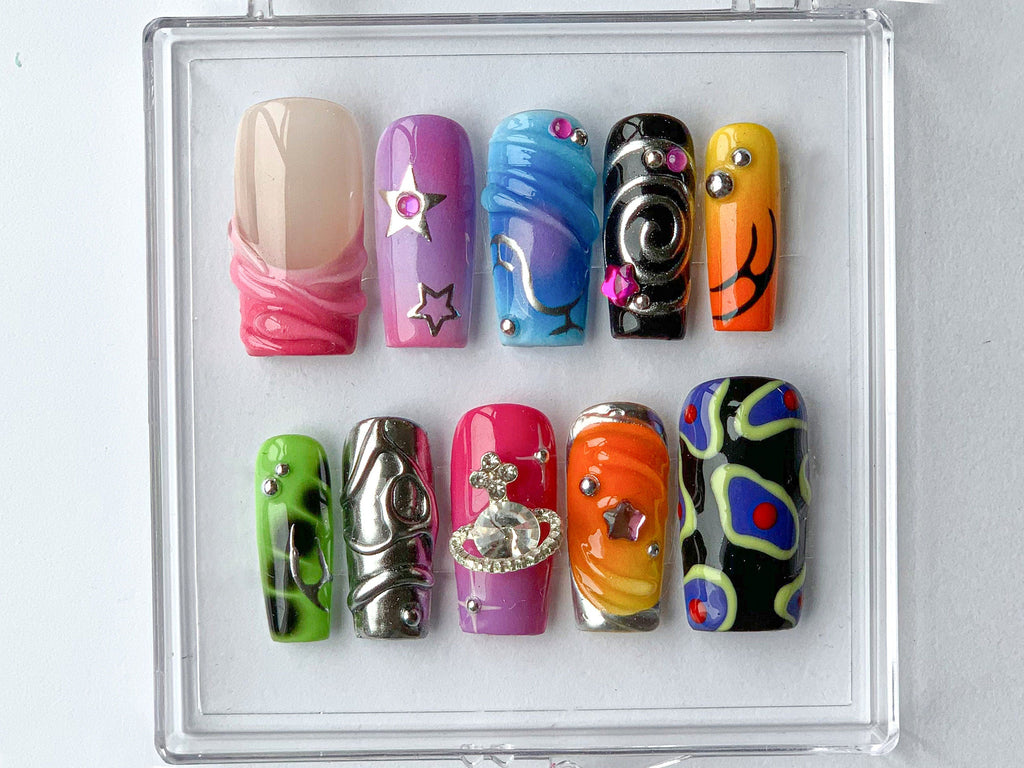 Vibrant Handcrafted Press On Nails, Colorful, Artistic Fake Nails, Globe charms on Acrylic