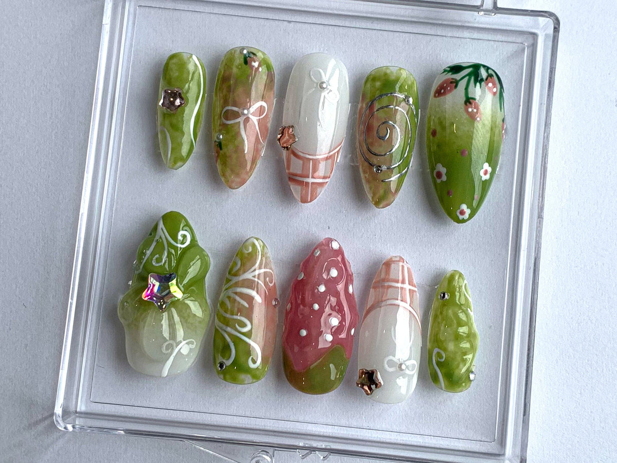 Spring Garden Press On Nails, Floral and Greenery Nail Art, Nail Set With Strawberry