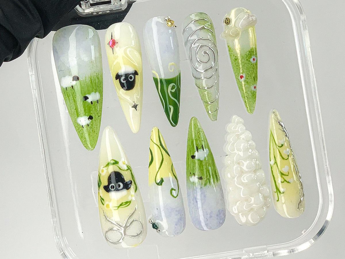 Cute Sheep Press On Nails, Custom Pastel Green Animal Handpainted Nail Art, 3D Gel Nail