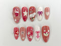 Pink Miffy Long Almond Press On Nail, Cute Bunny False Nails Art, Strawberry, Stars and