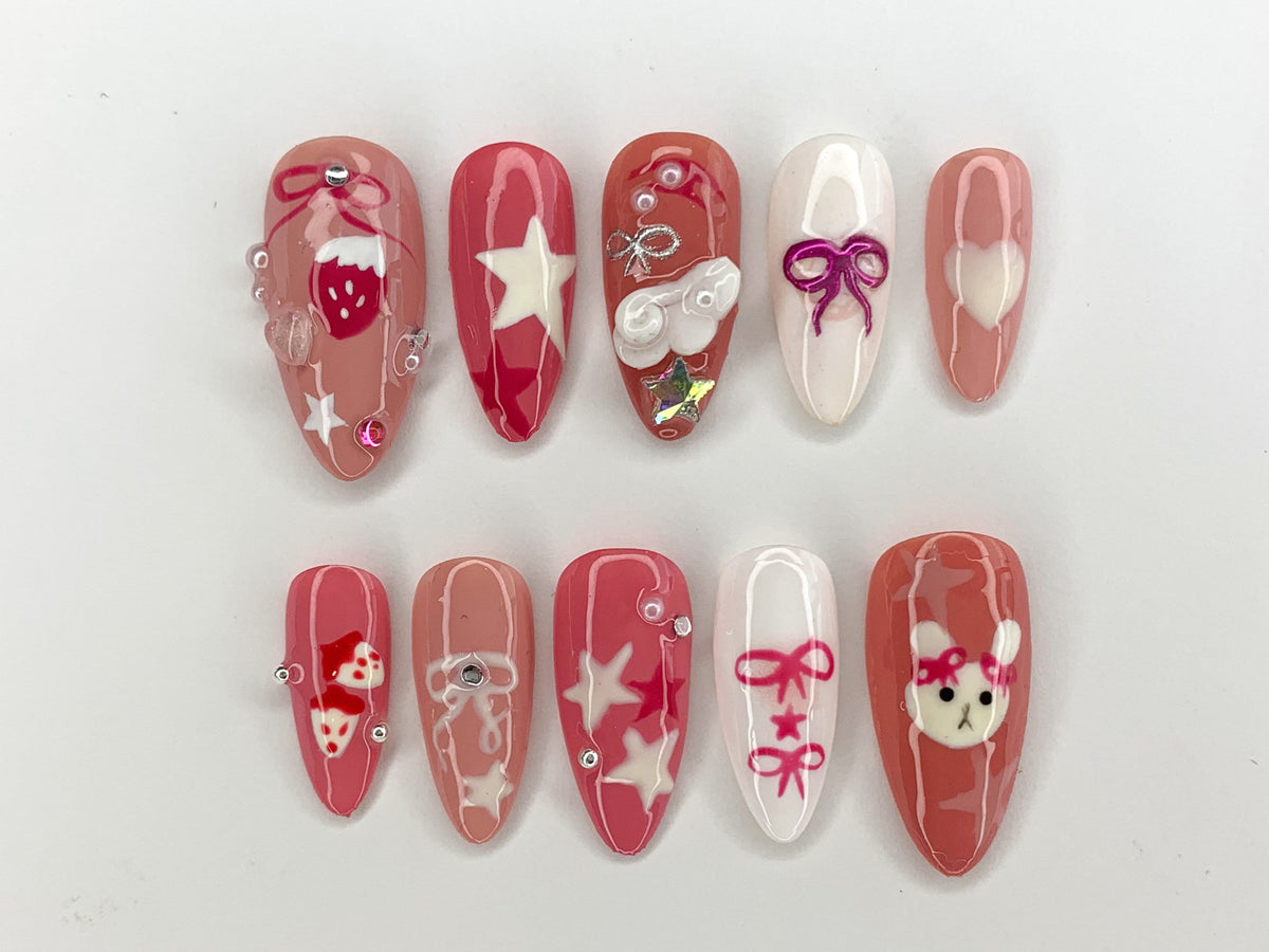 Pink Miffy Long Almond Press On Nail, Cute Bunny False Nails Art, Strawberry, Stars and