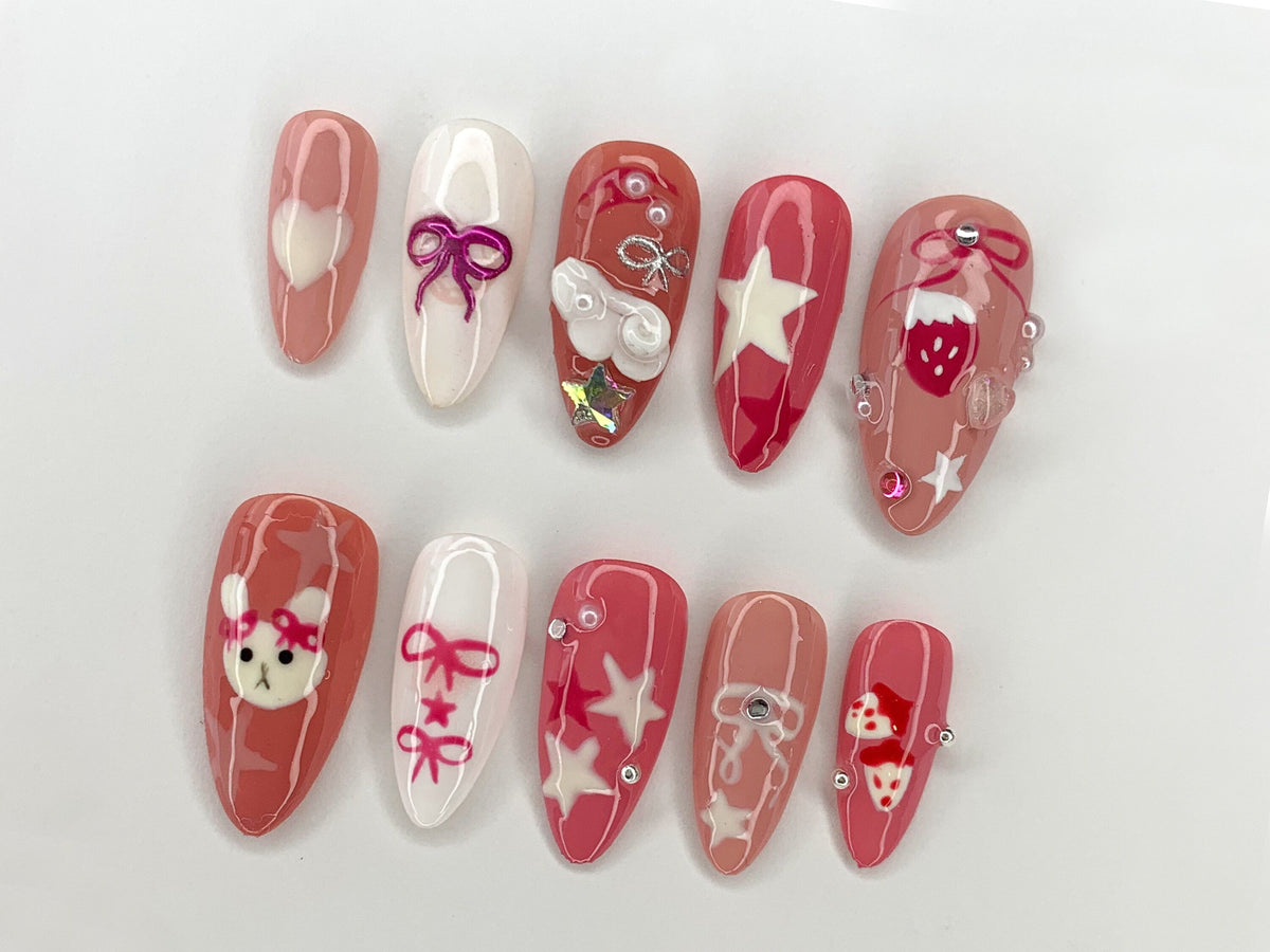 Pink Miffy Long Almond Press On Nail, Cute Bunny False Nails Art, Strawberry, Stars and