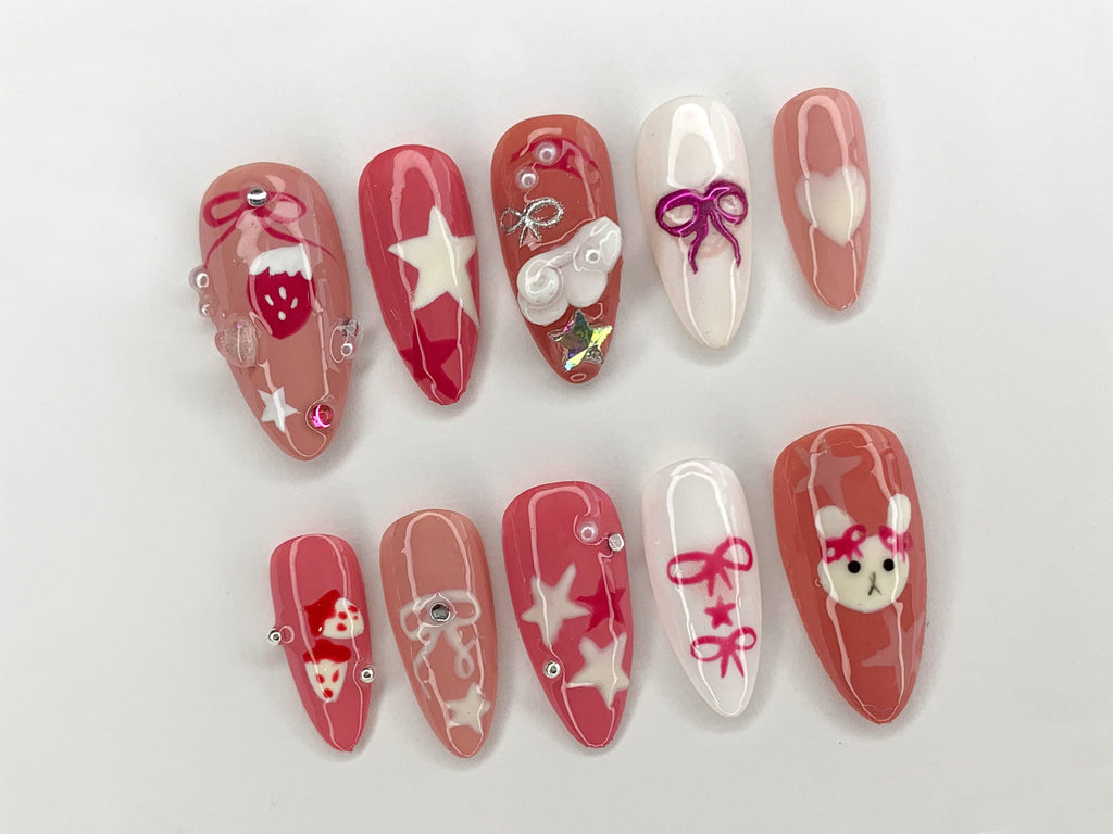 Pink Miffy Long Almond Press On Nail, Cute Bunny False Nails Art, Strawberry, Stars and