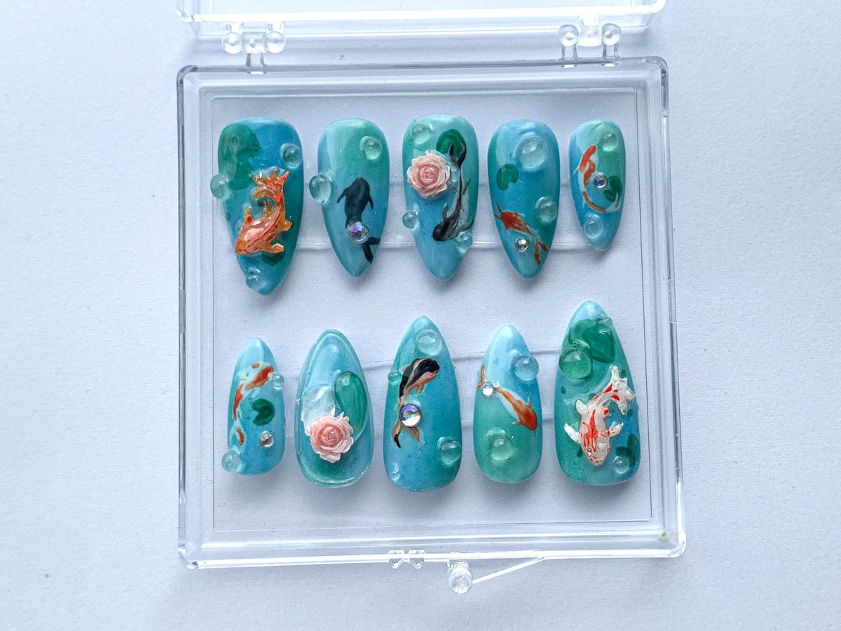 Ocean-Inspired Press On Nails, Hand Painted Koi Fish Nail Art, Blue with Underwater